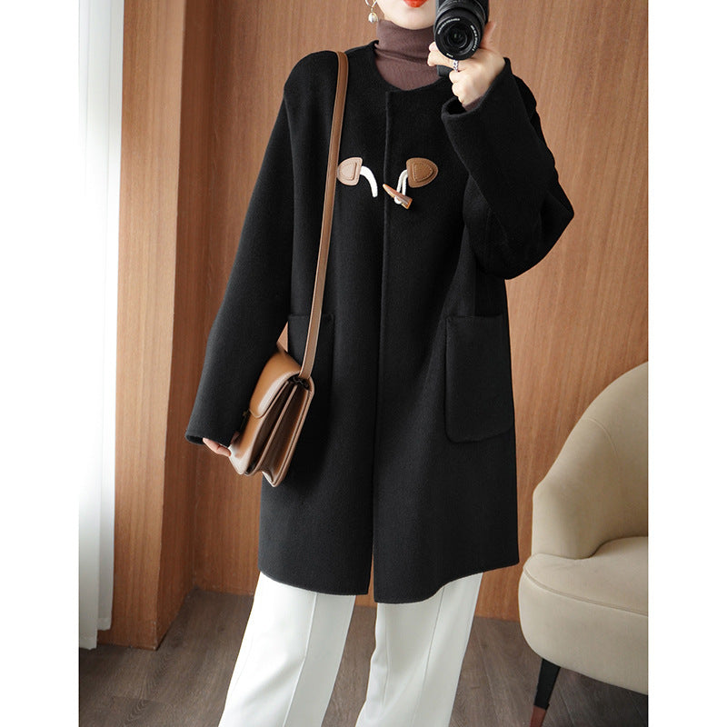 Women's Mid-length Wool Blend Coat with KnMune Fashion Fastenings, Boxy Silhouette and Patch Pockets Mune Fashion