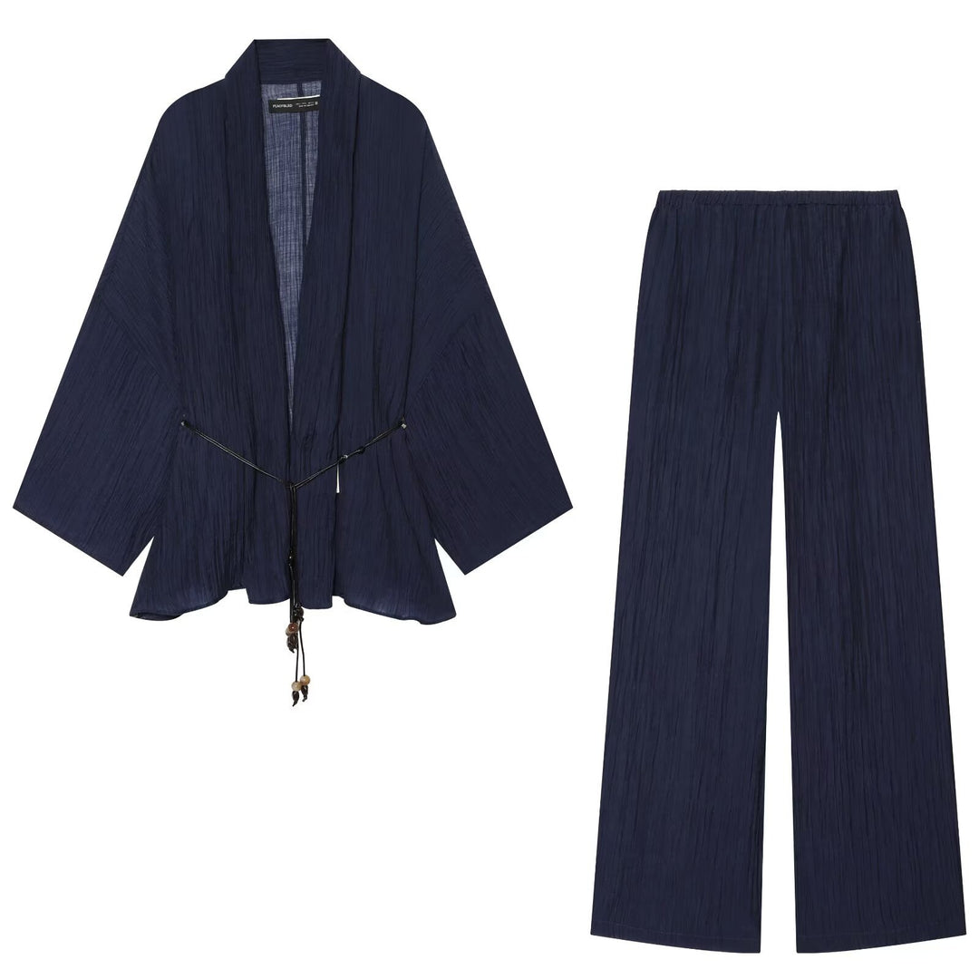 Women Kimono Cardigan with drawstring and crinkle texture Mune Fashion