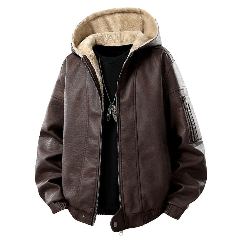 Herren Kunstleder-Bomberjacke mit Teddyfutter, Kapuze und Utility-Ärmeltasche Mune Fashion