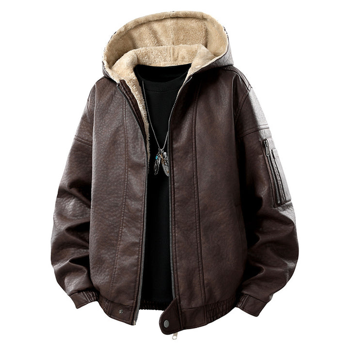 Herren Kunstleder-Bomberjacke mit Teddyfutter, Kapuze und Utility-Ärmeltasche Mune Fashion