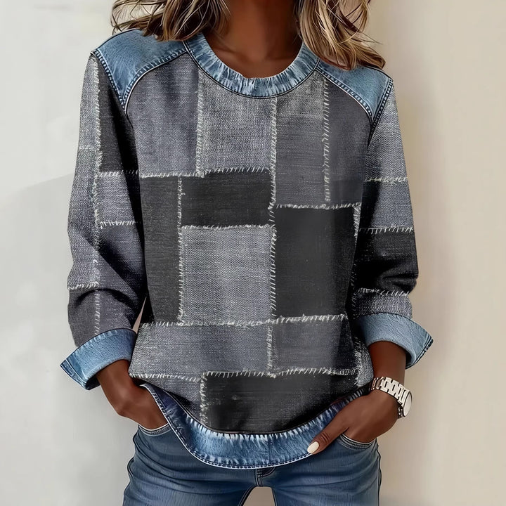 Women's fashionable sweatshirt with check pattern and denim details