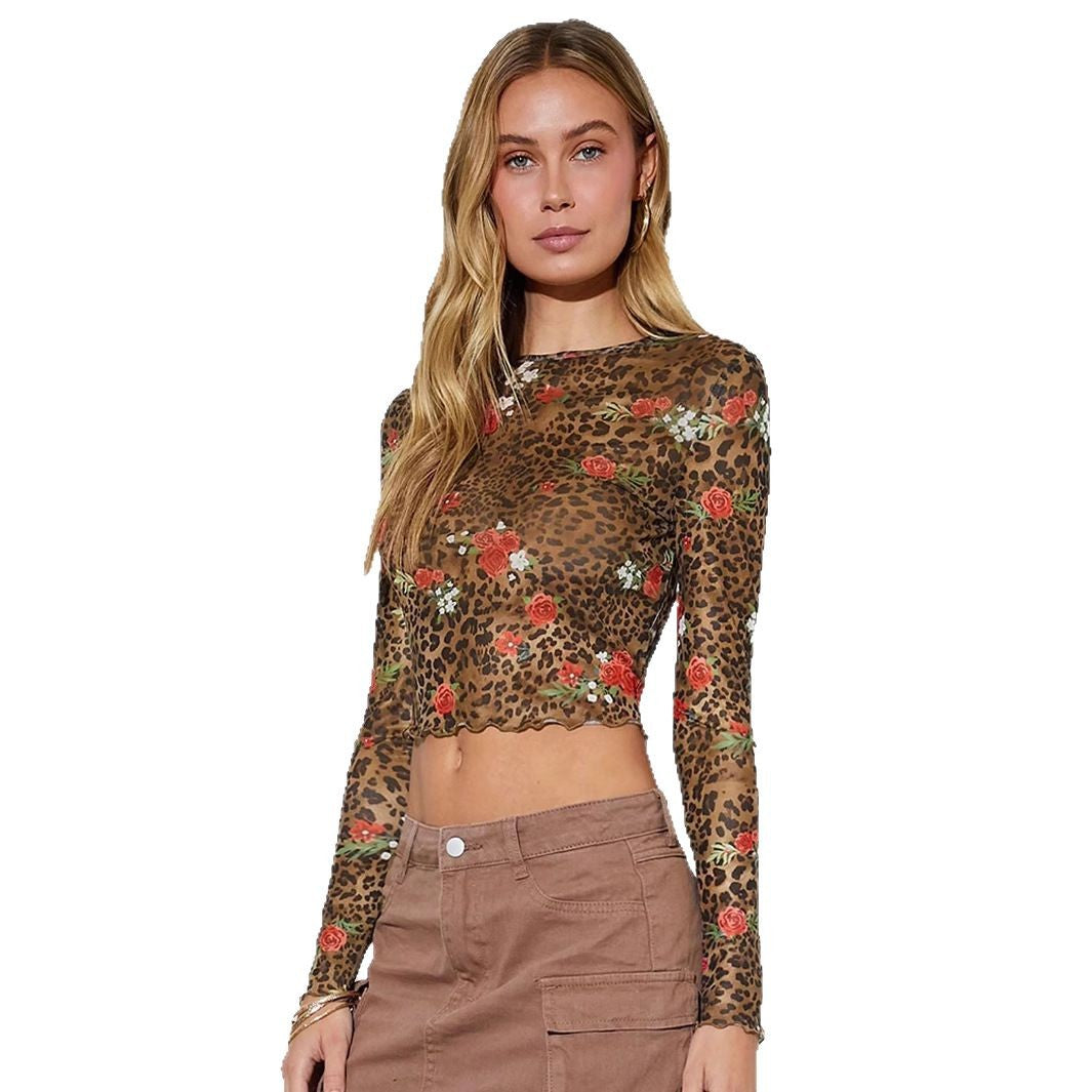 Women nan fine Mesh Crop Top with leopard and rose print Mune Fashion