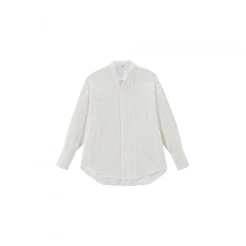 Unisex Oversize Linen Blend Shirt with Textured Stripes, Kent Collar and Rounded Hem Mune Fashion
