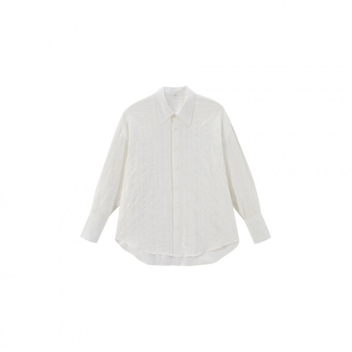 Unisex Oversize Linen Blend Shirt with Textured Stripes, Kent Collar and Rounded Hem Mune Fashion