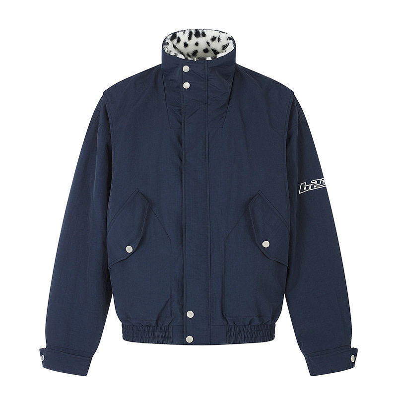 Women's Padded Blouson Jacket with Stand-Up Collar and Leopard Lining Mune Fashion