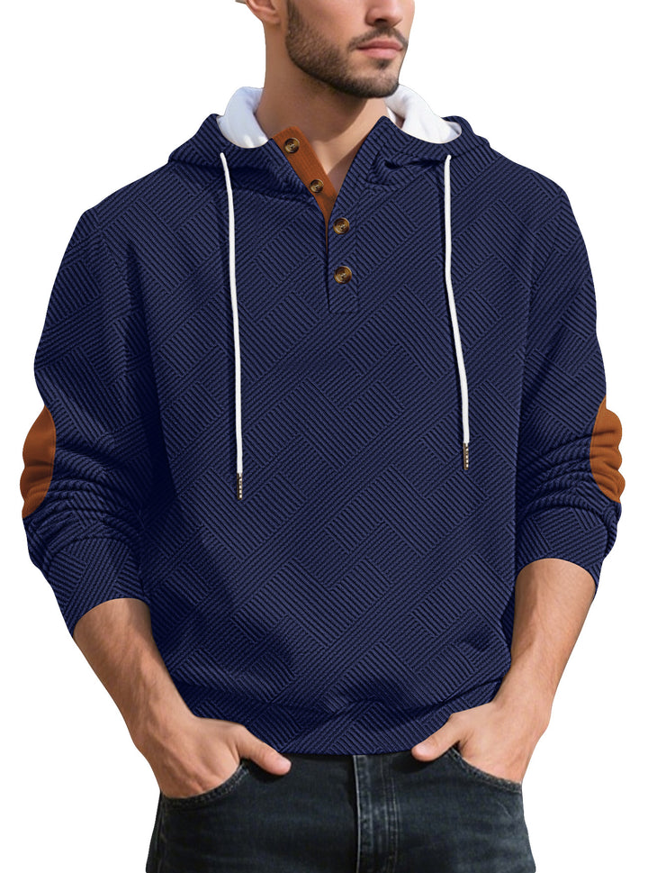 Men's structured hoodie henley pullover with jacquard texture, button placket, and elbow patches Mune Fashion