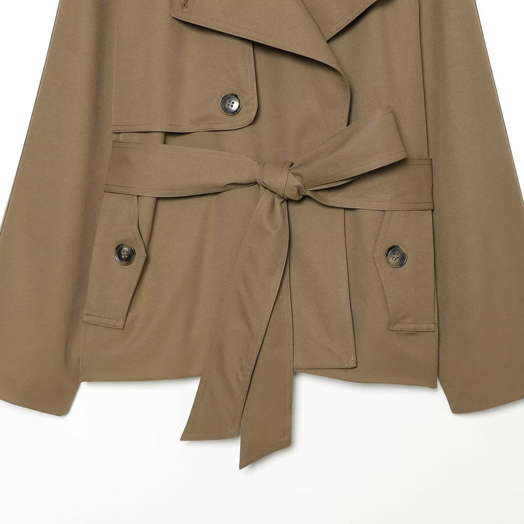 Women Short Trench Coat with Waist Belt and Contrast Collar Mune Fashion