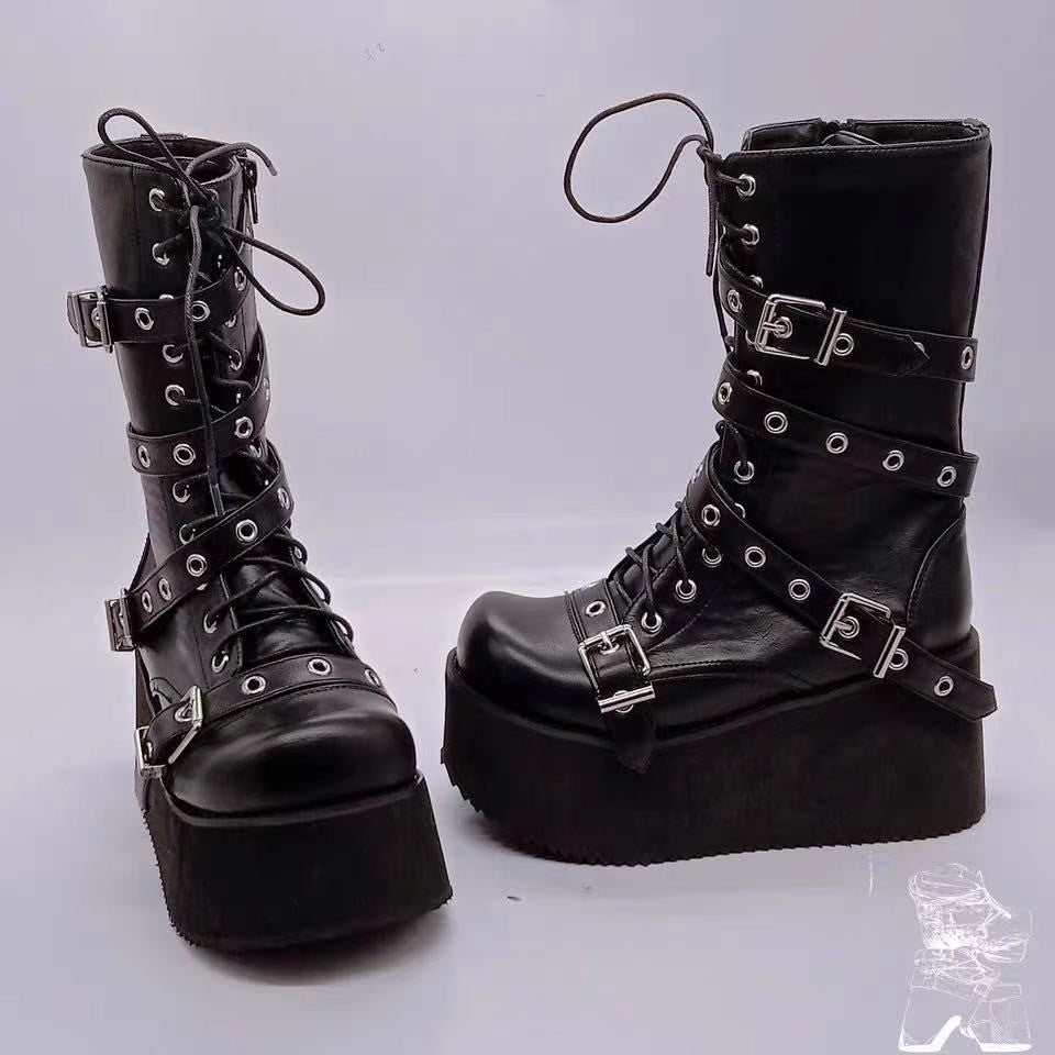 Women's platform combat boots with buckles, eyelets, lacing, and side zipper Mune Fashion