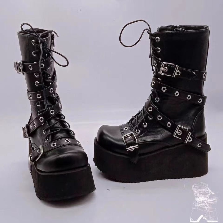 Women's platform combat boots with buckles, eyelets, lacing, and side zipper Mune Fashion
