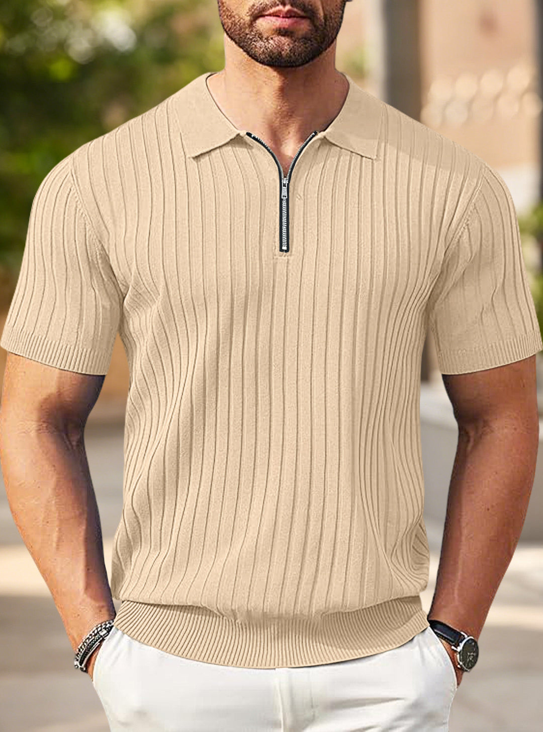 Men's elegant structured short sleeve knit polo with short metal zipper and shirt collar Mune Fashion
