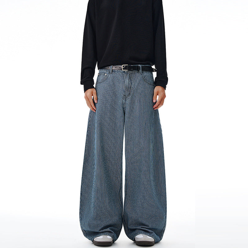 Men's Floor-Length Oversized Pants with Extremely Wide Legs and Fine Pinstripe Design Mune Fashion