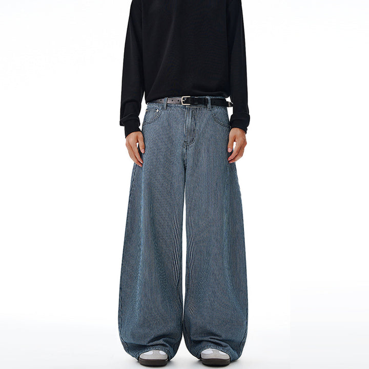 Men's Floor-Length Oversized Pants with Extremely Wide Legs and Fine Pinstripe Design Mune Fashion