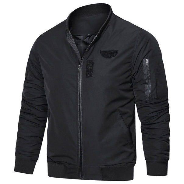 Men's lightweight nylon bomber with minimalist stand-up collar, sleeve organizer, and wind-resistant shell Mune Fashion