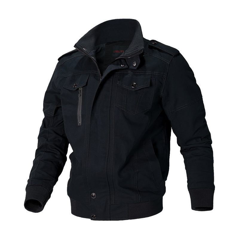 Men's robust canvas bomber jacket in field style with epaulettes, concealed snap button placket, and functional pockets.