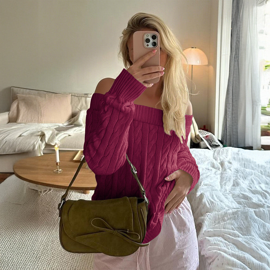 Women's oversized off-the-shoulder cable knit sweater with ribbed neckline and balloon sleeves Mune Fashion
