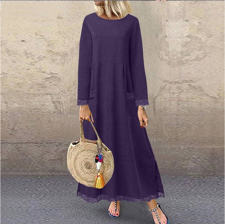 Ladies nan maxi dress with loose A-line cut, round neckline, patch pockets, and delicate lace trim Mune Fashion