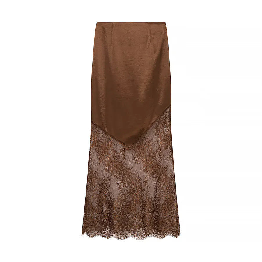 Women nan maxi skirt with transparent lace underlay and asymmetrical satin overlay Mune Fashion