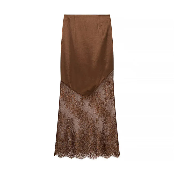 Women nan maxi skirt with transparent lace underlay and asymmetrical satin overlay Mune Fashion