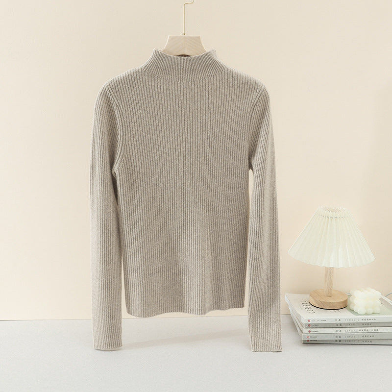 Women Fine Ribbed Stand Collar Sweater with Slim-Fit Silhouette Mune Fashion