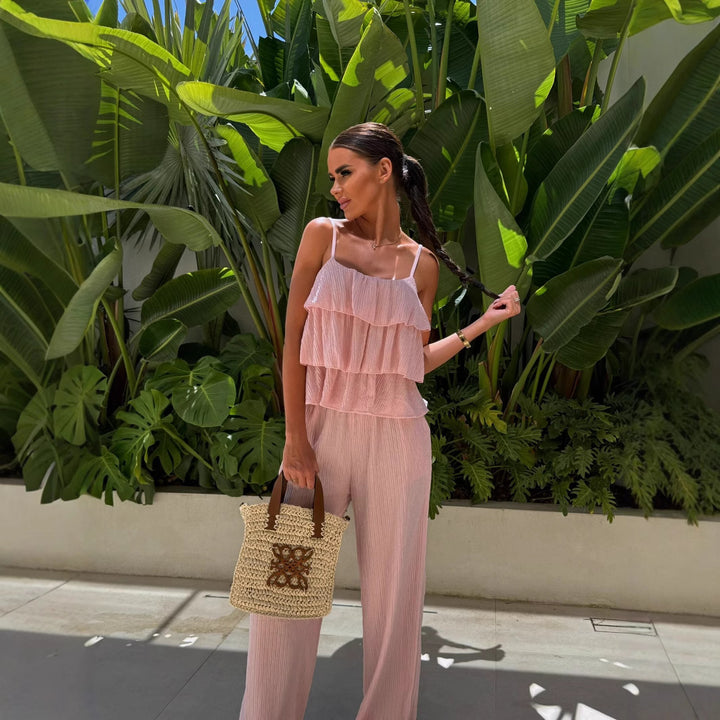 Women Pleated Ruffle Cropped Top with Spaghetti Straps and Wide High-Waist Pants Set Mune Fashion
