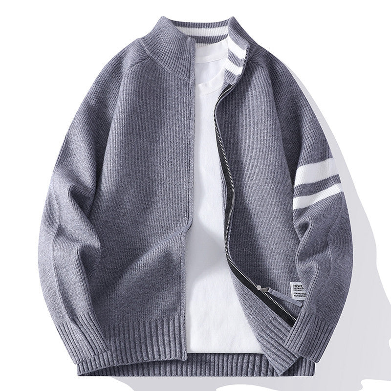 Men's knitted zip cardigan in college style with striped sleeve band and ribbed stand-up collar Mune Fashion