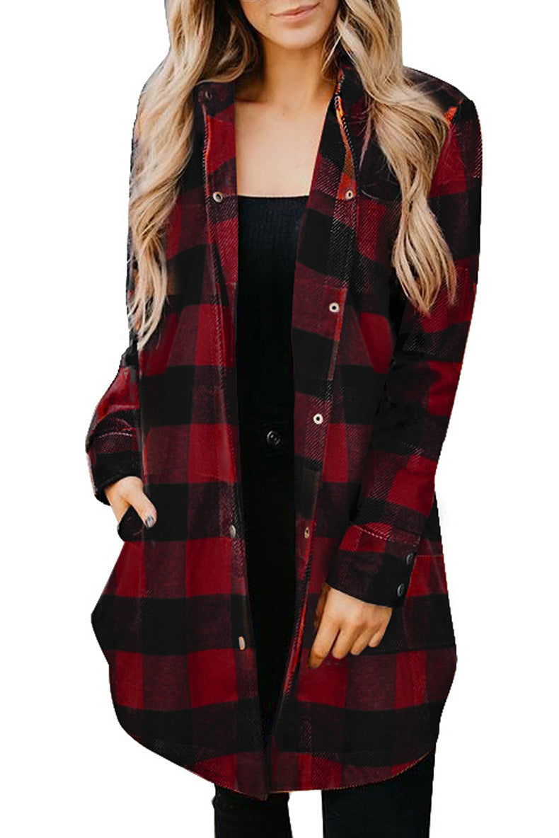 Women's Casual Long Blouse In Check Design with Button Placket Mune