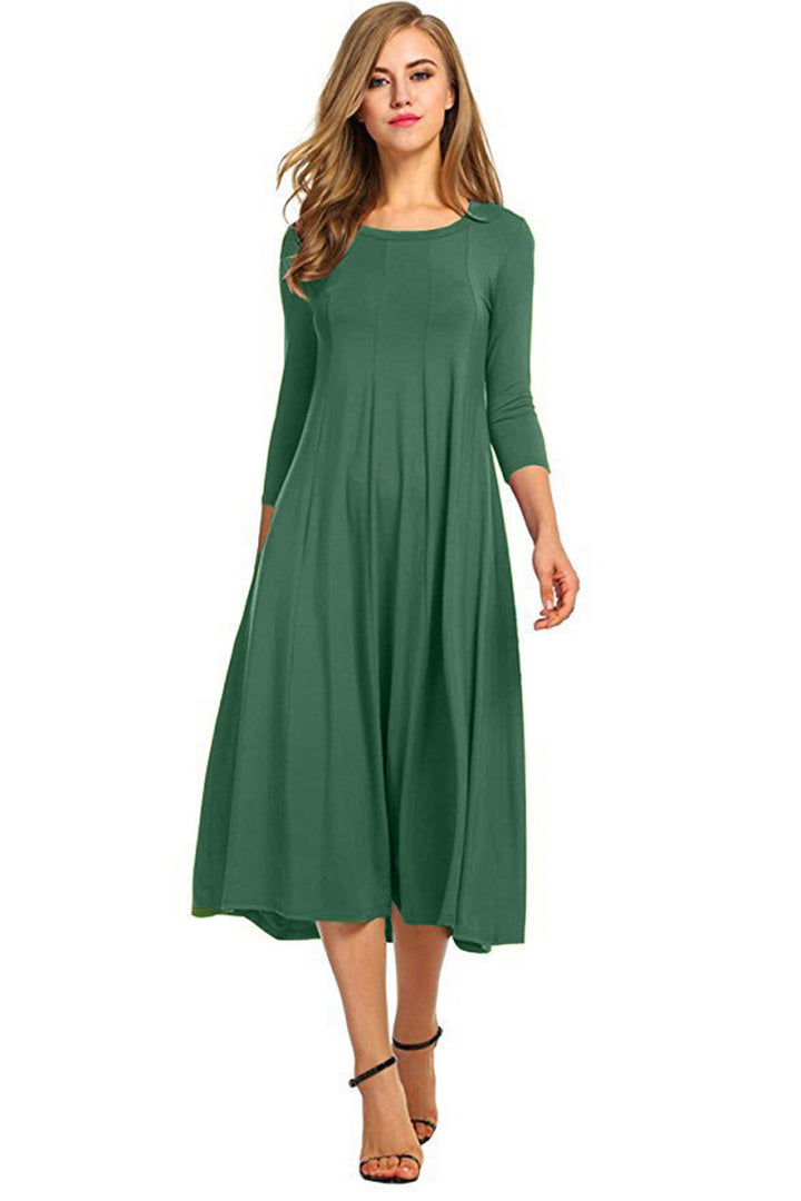 Women's Long A-Line Midi Dress made of Stretch Jersey with Three-Quarter Sleeves and Side Pockets Mune Fashion