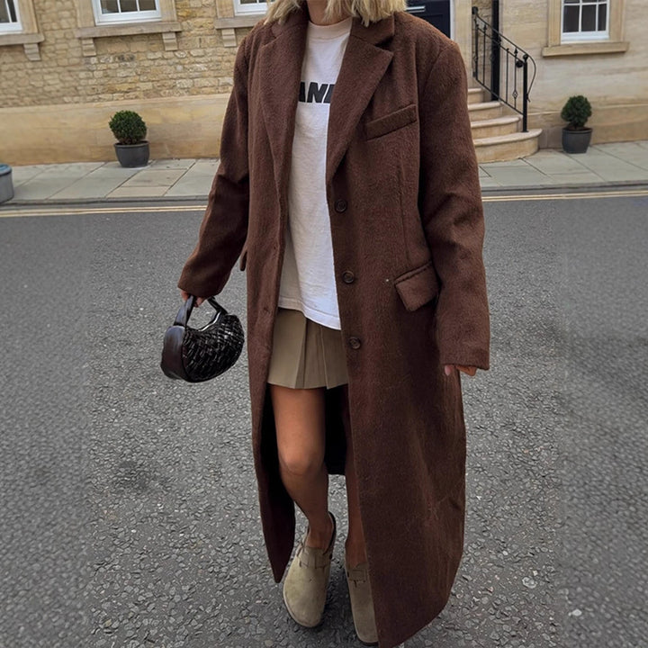Women's Maxi Long Boxy Coat made of Teddy Faux Fur with Notched Collar and Pockets Mune Fashion