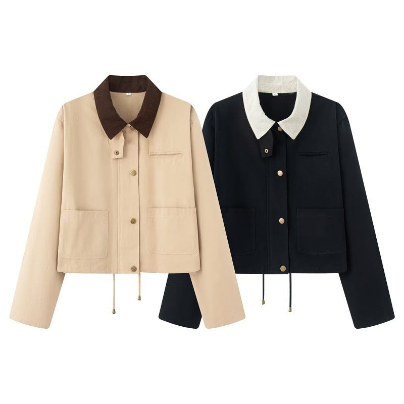 Women's Cropped Workwear Jacket with Cord Collar, Press Buttons and Drawstring Mune Fashion