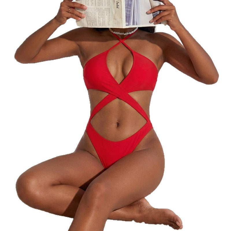 Women Cut-Out Swimsuit with Crossed Straps and Deep V-Neck Mune Fashion