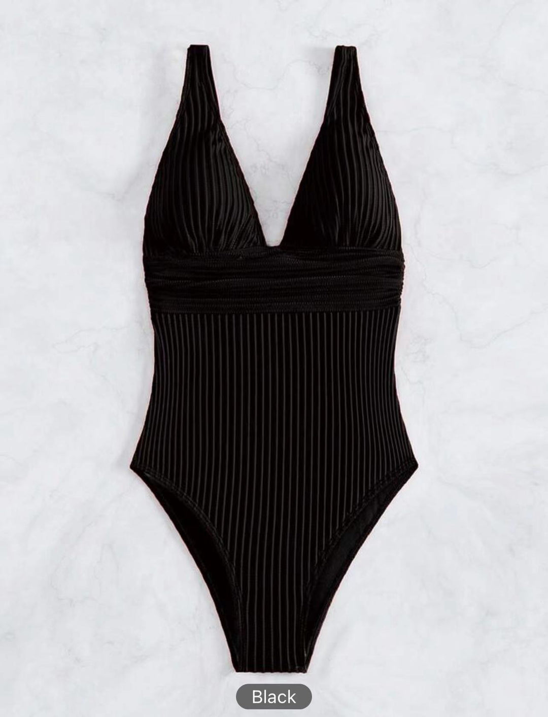Women's One-Piece Swimsuit with High V-Neck and Fine Ribbed Structure Mune Fashion