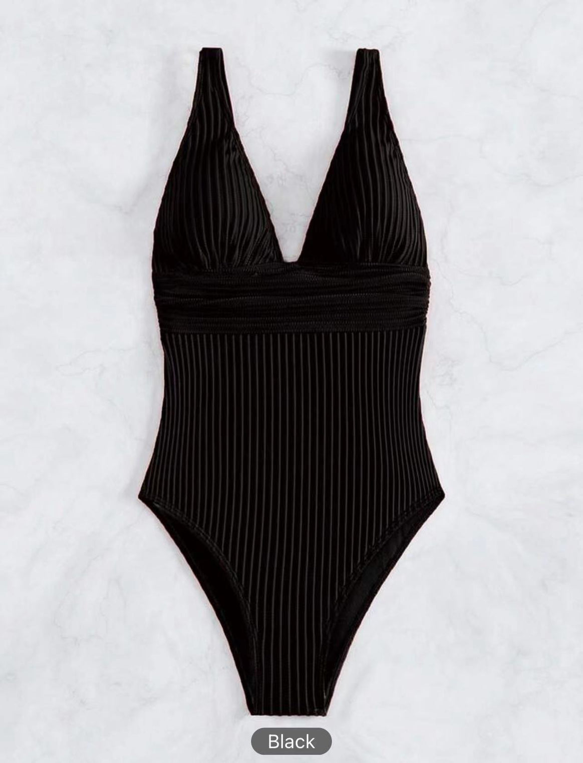 Women's One-Piece Swimsuit with High V-Neck and Fine Ribbed Structure Mune Fashion