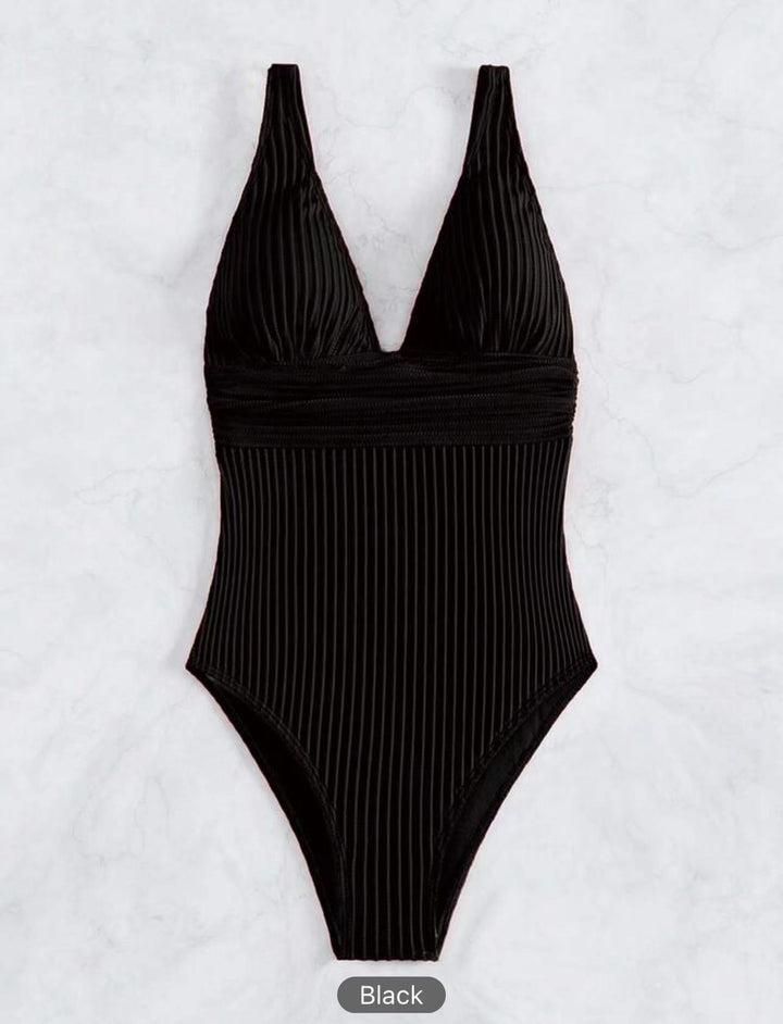 Women's One-Piece Swimsuit with High V-Neck and Fine Ribbed Structure Mune Fashion