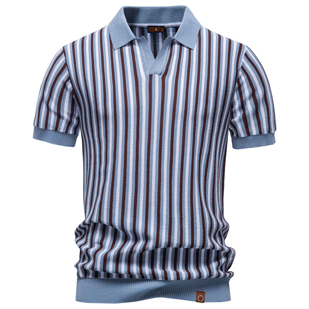 Men's striped knit polo shirt short sleeve made of fine cotton blend with polo collar and ribbed cuffs Mune Fashion