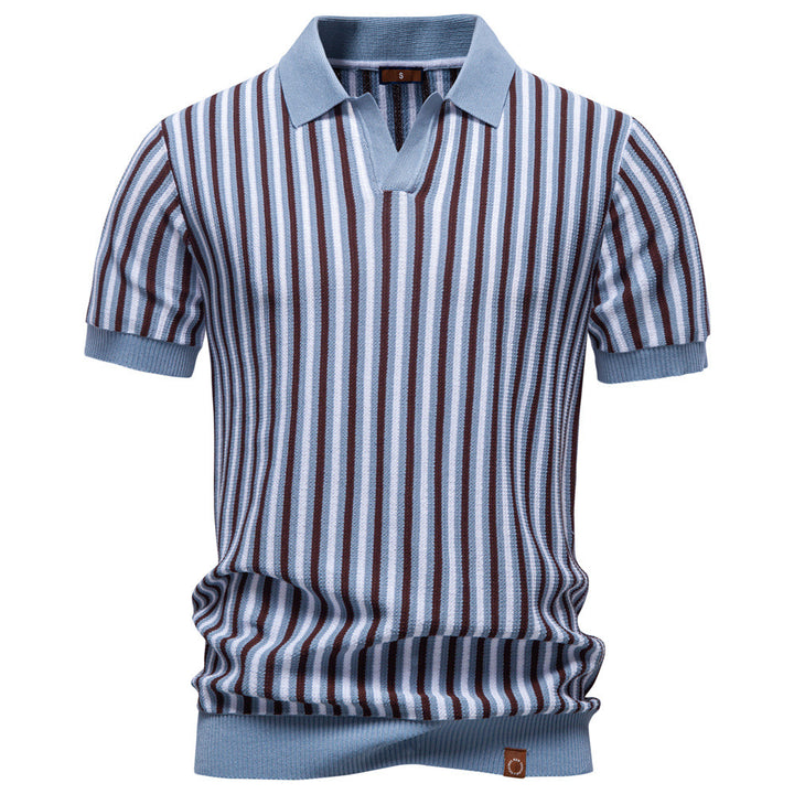 Men's striped knit polo shirt short sleeve made of fine cotton blend with polo collar and ribbed cuffs Mune Fashion