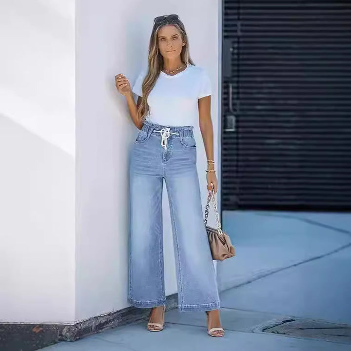 Women high-waisted wide-leg jeans with drawstring waistband and casual culotte silhouette Mune Fashion