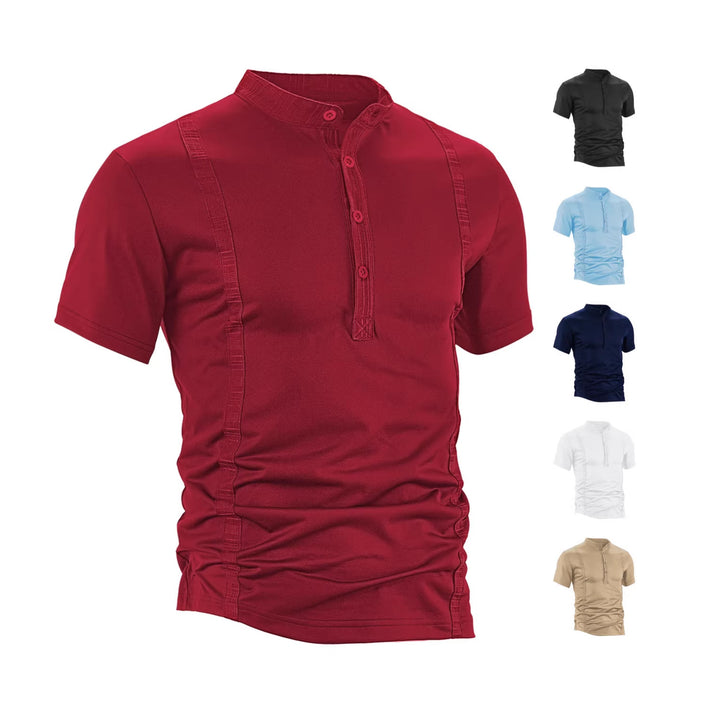Men's short sleeve stand collar shirt with concealed button placket, decorative piping and fitted silhouette Mune Fashion