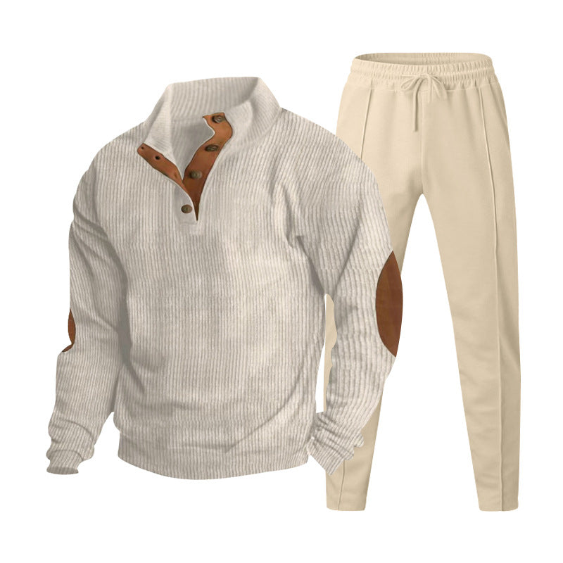 Men's ribbed Henley leisure suit with decorative button placket and suede elbow patches tapered joggers Mune Fashion