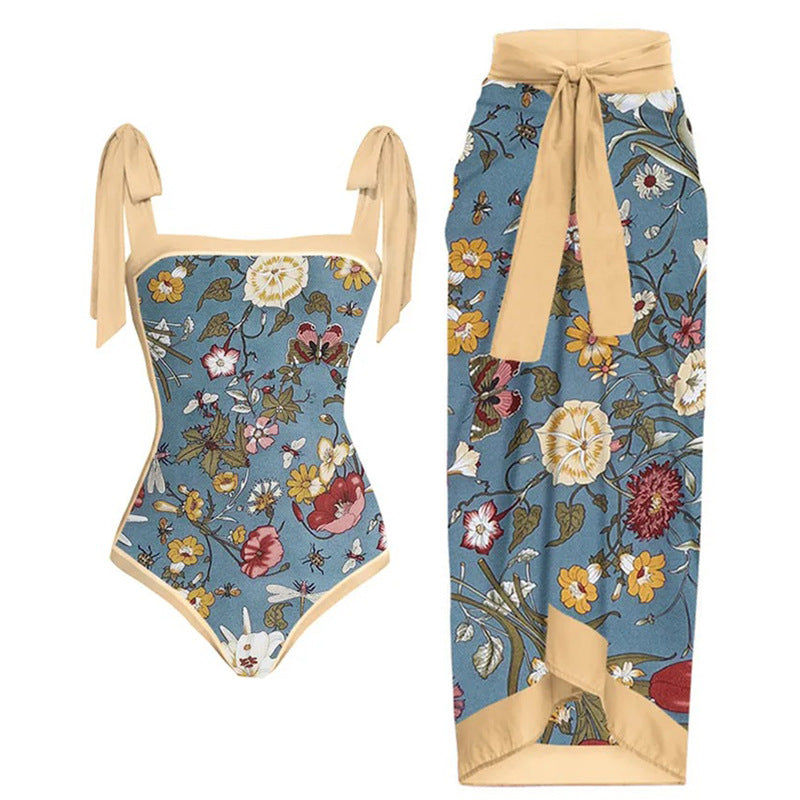 Women's Swimwear Set with Floral Swimsuit and Matching Maxi Skirt Mune Fashion