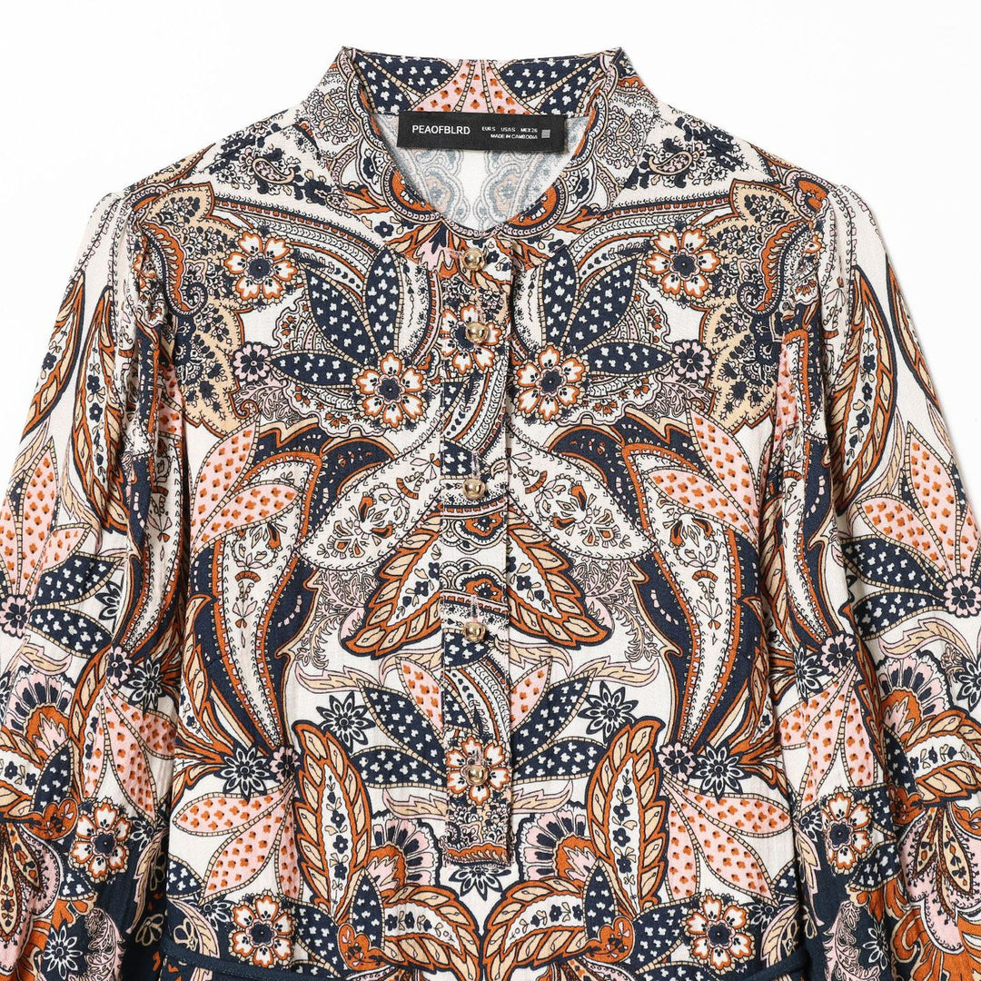 Women's Paisley Tunic with Stand-Up Collar, Waist Drawstring, and Balloon Sleeves Mune Fashion