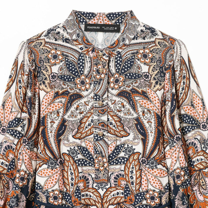 Women's Paisley Tunic with Stand-Up Collar, Waist Drawstring, and Balloon Sleeves Mune Fashion