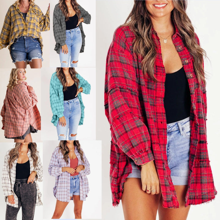 Women's oversized check shirt with fringe trim, chest pockets, and loose fit Mune Fashion