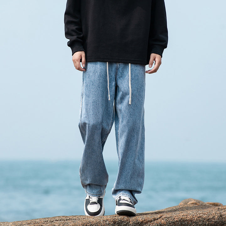 Men's Wide Vintage-Washed Baggy Jeans in Jogger Style with Drawstring Waistband and Ribbed Ankle Cuffs Drune
