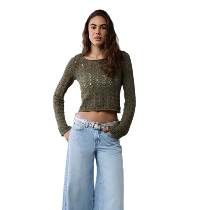 Women's Fine Knit Cropped Top with Openwork Pattern and Round Neckline Mune Fashion
