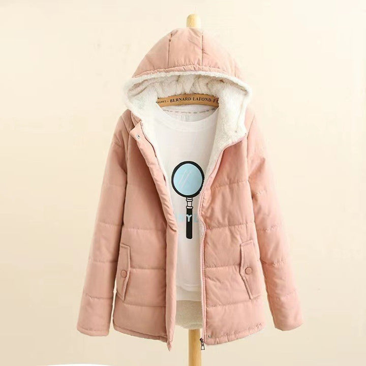 Women's quilted hoodie jacket with teddy lining, concealed snap button placket and patch pockets Mune Fashion