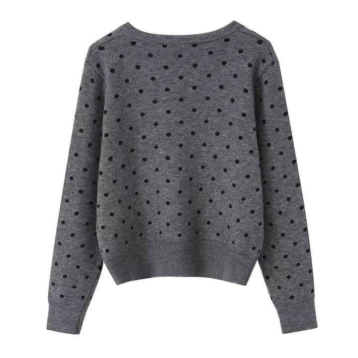Women's Short Fine Knit Cardigan with Round Neck, Allover Polka Dot Pattern and Button Placket