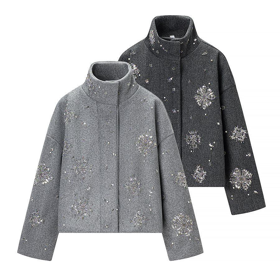 Women's short-cut wool blend coat with stand-up collar and bead sequin embroidery Mune Fashion