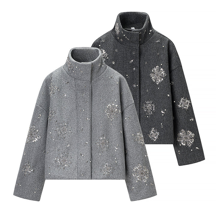 Women's short-cut wool blend coat with stand-up collar and bead sequin embroidery Mune Fashion