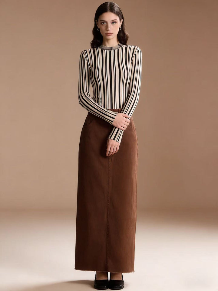 Ladies nan longer High-Waist Denim Maxi Skirt with straight silhouette and raw hem Mune Fashion