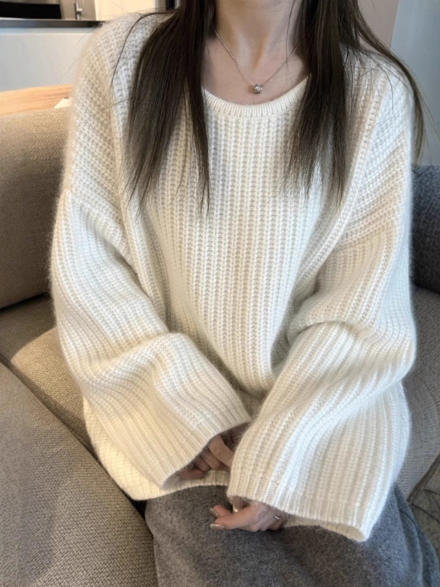Women's Oversized Fluffy Sweater in Mohair Look with Textured Rib Design Mune Fashion